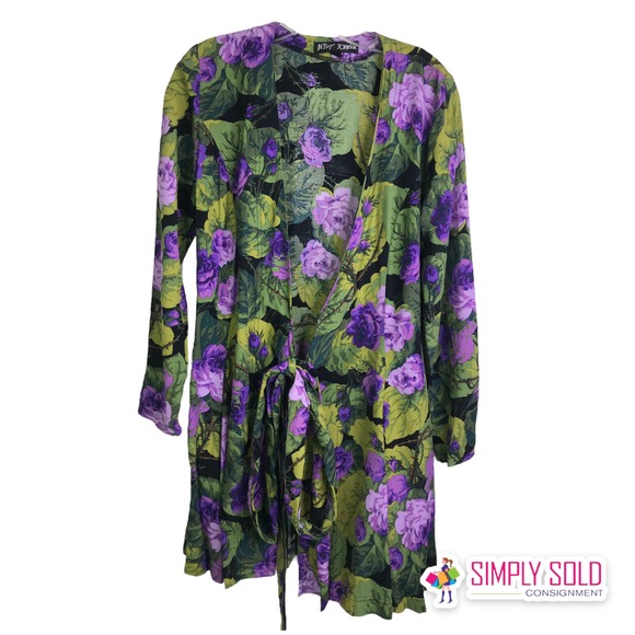 Betsey Johnson Women Wrap Dress Long Sleeve Green Purple Y2K Black Floral  Wear S